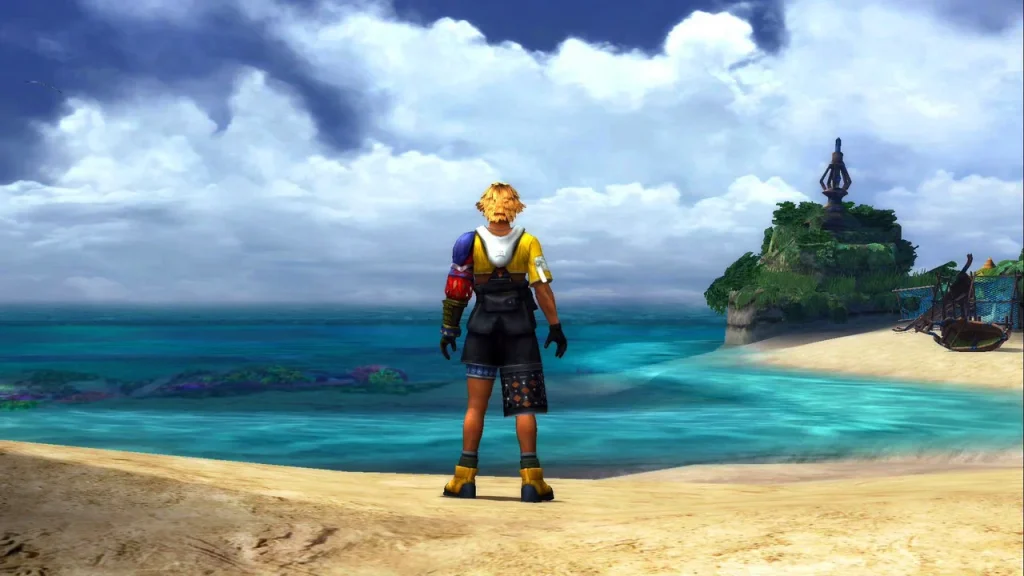 Final Fantasy X - Tidus looking out at the ocean after magically appearing on the island of Besaid