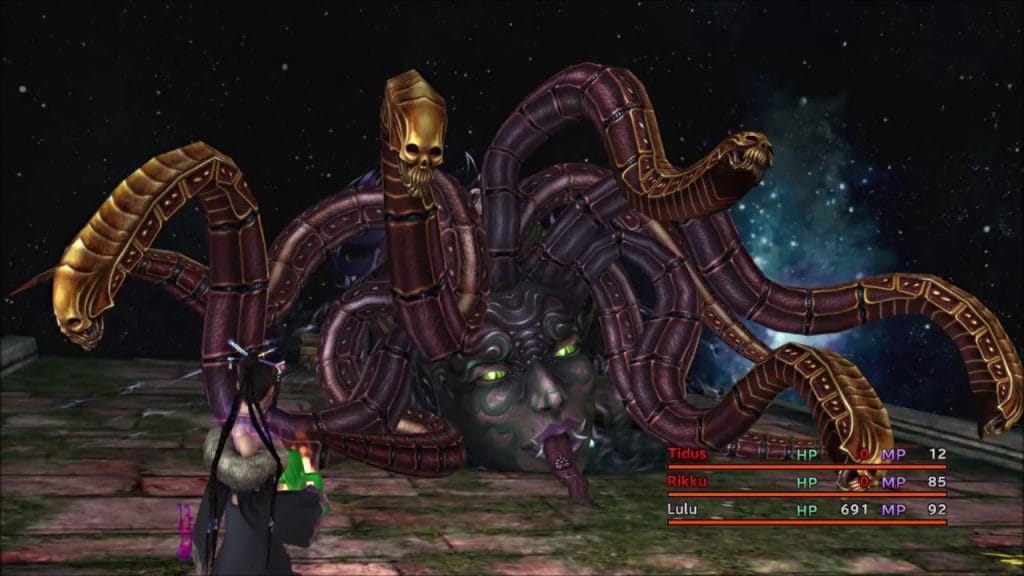 Final Fantasy X - boss fight against Yunalesca, where Yunalesca is in final form as a giant monstrous head with snake-like tentacles instead of hair