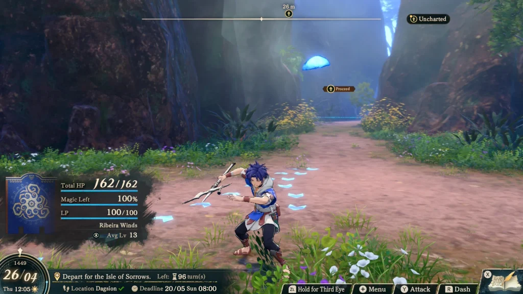 Fire Emblem: Fortune's Weave - Cai exploring an uncharted forest dungeon area