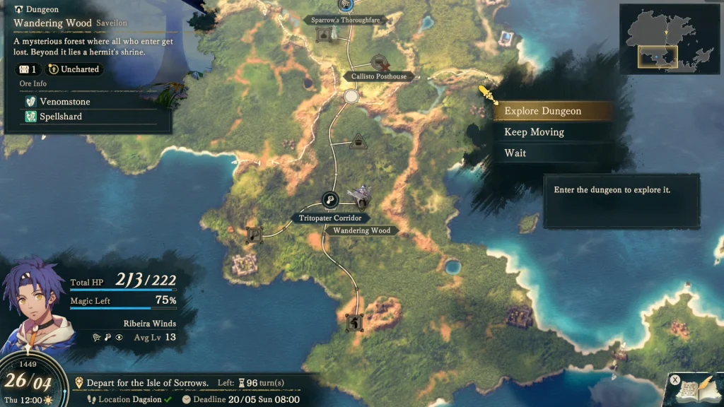 Fire Emblem: Fortune's Weave - map of Dagsia with multiple locations highlighted as places of interest the player can visit, including a dungeon area called the "Wandering Wood"