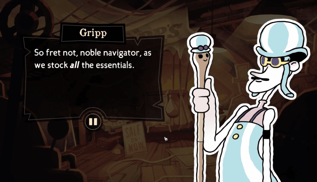 The Mermaid Mask - A screenshot of Godrik Gripp wearing his goggles and holding up Cornelius Cane as he says, "So fret not, noble navigator, as we stock ALL the essentials."