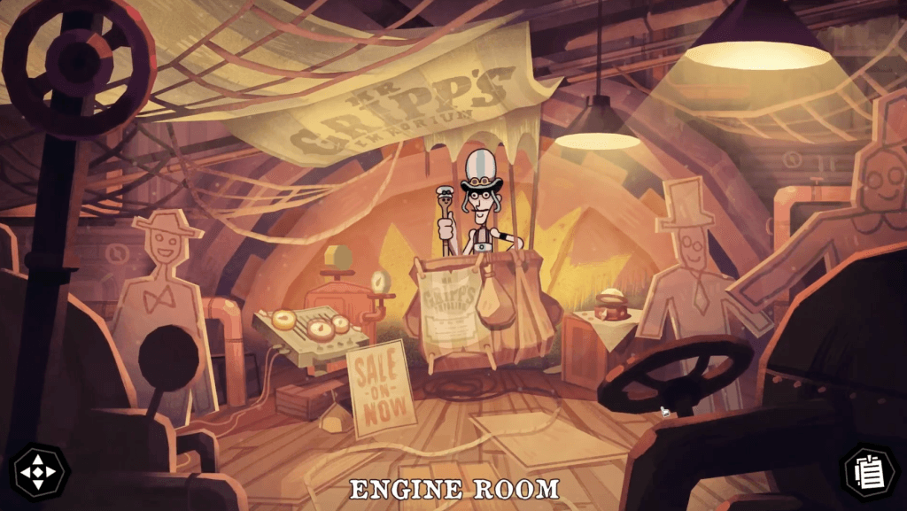 A screenshot of The Mermaid Mask, an indie mystery game - Godrik Gripp in the Engine Room. A smiling man sits in a broken hot air balloon basket in a whimsically decorated room. 