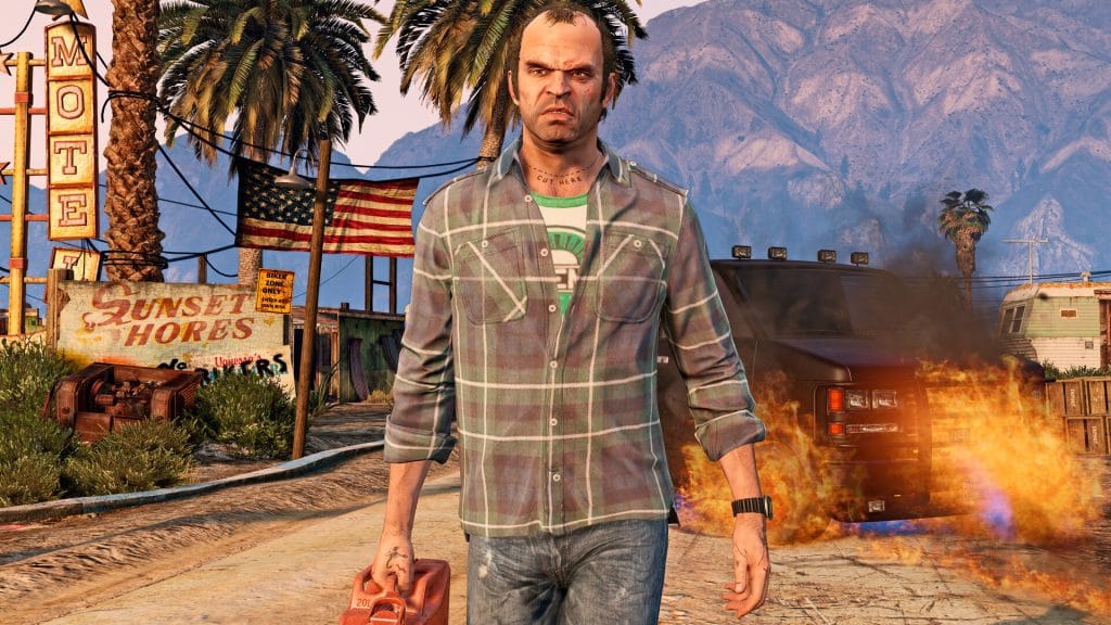 Grand Theft Auto V - photo of Trevor Philips walking away from a burning police truck