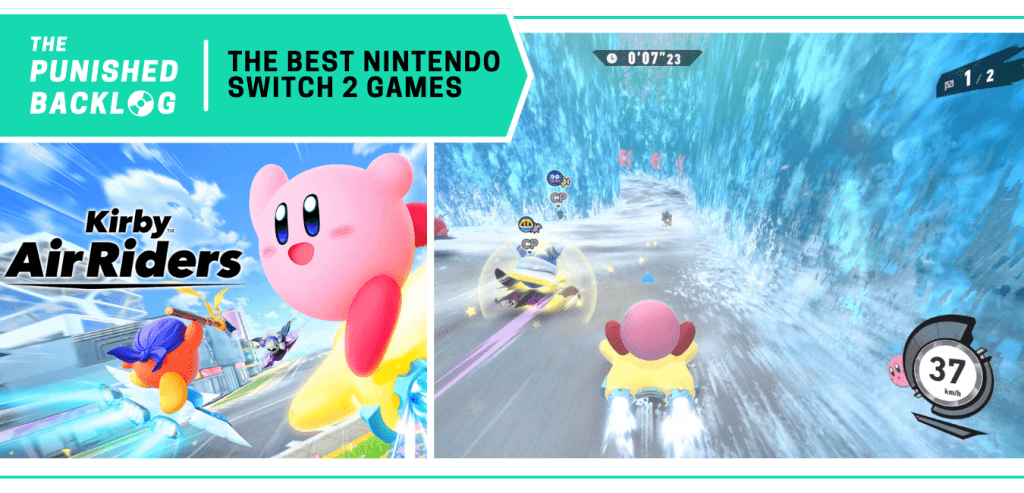 Graphic for our "Best Nintendo Switch 2 Games" list showing a side-by-side of promotional art for Kirby Air Riders with a gameplay screenshot showing Kirby racing on his trusty Warp Star