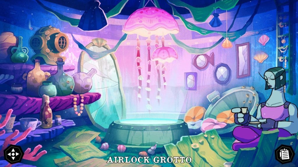 A screenshot of The Mermaid Mask, an indie mystery game. Madam Tadpole, a green-skinned woman, sits in a submarine room with colorful objects. The room has a label: Airlock Grotto.