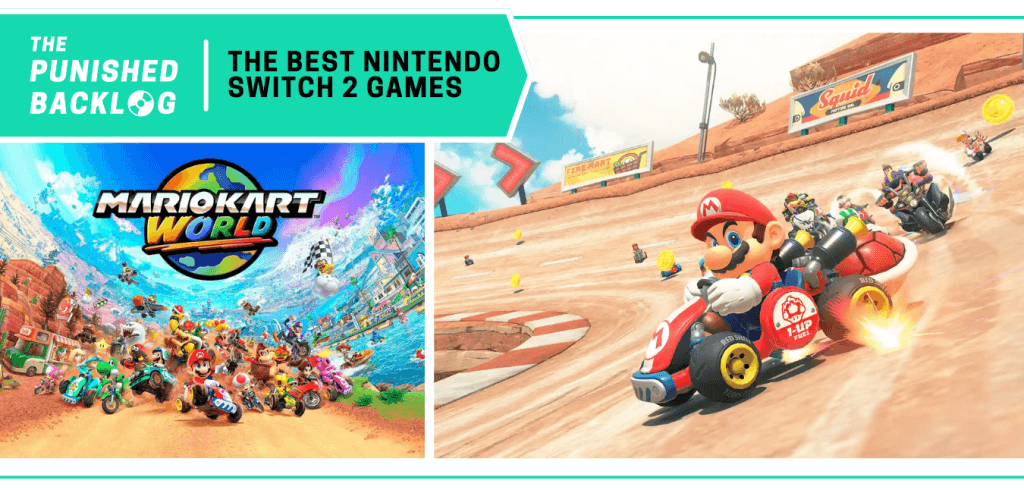 Graphic for our "Best Nintendo Switch 2 Games" list showing a side-by-side of the cover art for Mario Kart World with a gameplay screenshot showing Mario drifting on a desert-based race track