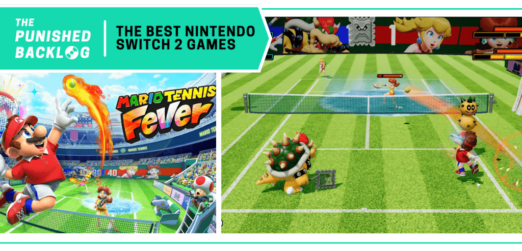 Graphic for our "Best Nintendo Switch 2 Games" list showing a side-by-side of promotional art for Mario Tennis Fever with a gameplay screenshot showing Mario and Bowser playing a match against Peach and Daisy