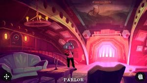The Mermaid Mask - Screenshot of an indie mystery game for a piece analyzing the original soundtrack by Raphael Benjamin Meyer and the Budapest Art Orchestra. Sally, a green-haired woman, in the parlor of an underwater submarine, lit by a strange pink fire.
