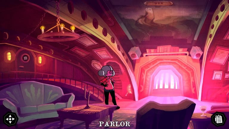The Mermaid Mask’s Original Soundtrack Is Honestly Incredible The Mermaid Mask - Screenshot of an indie mystery game for a piece analyzing the original soundtrack by Raphael Benjamin Meyer and the Budapest Art Orchestra. Sally, a green-haired woman, in the parlor of an underwater submarine, lit by a strange pink fire.
