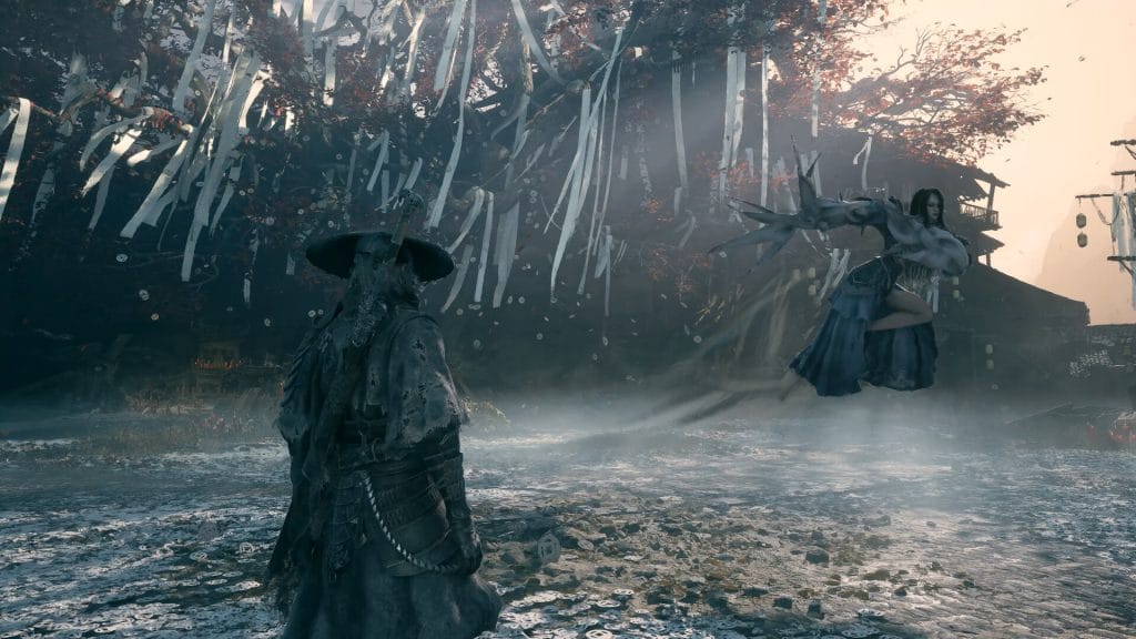 Phantom Blade Zero - a screenshot showing Soul looking on at trees draped in cloth with a spirit wandering in the background