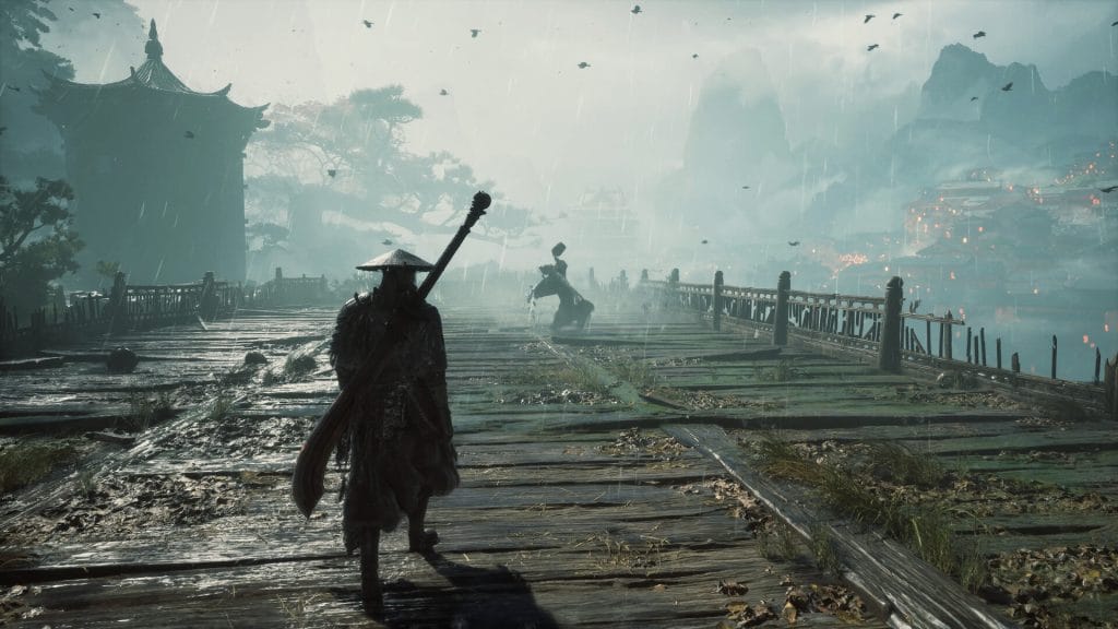 Phantom Blade Zero - a screenshot showing Soul walking down a bridge with an enemy in the distance