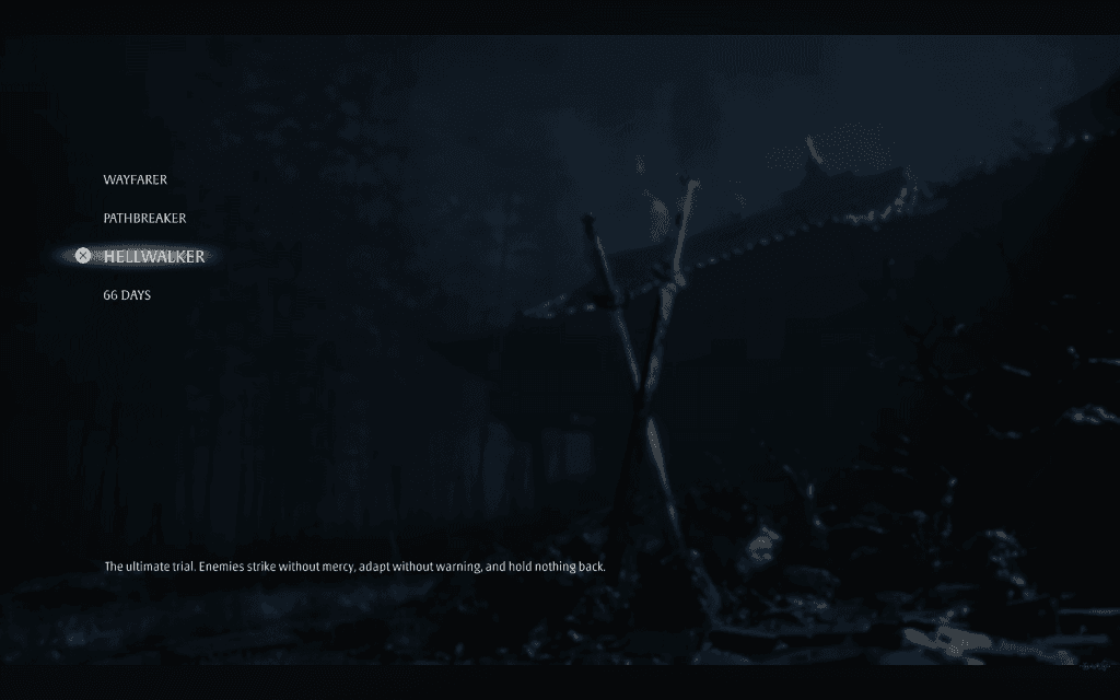 Phantom Blade Zero - a screenshot showing four difficulty levels: Wayfarer, Pathbreaker, Hellwalker, 66 Days