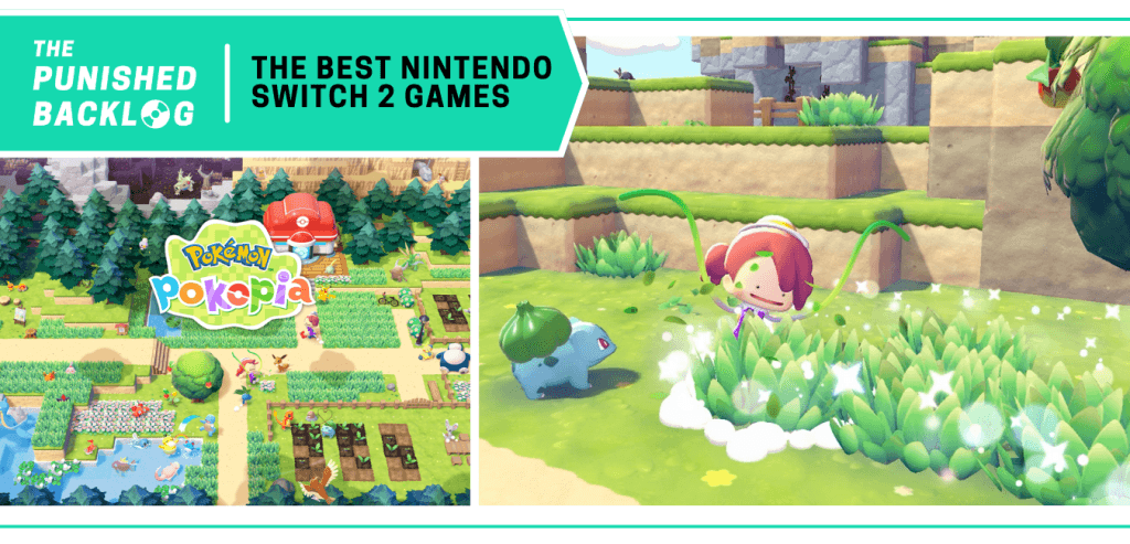Graphic for our "Best Nintendo Switch 2 Games" list showing a side-by-side of the cover art for Pokémon Pokopia with a gameplay screenshot showing Ditto creating plants with Bulbasaur by his side