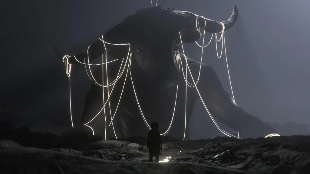 Resonance: A Plague Tale Legacy Review - A screenshot of Sophia, a young woman, standing before the Theban myth of the minotaur, a dark and shadowy creature.
