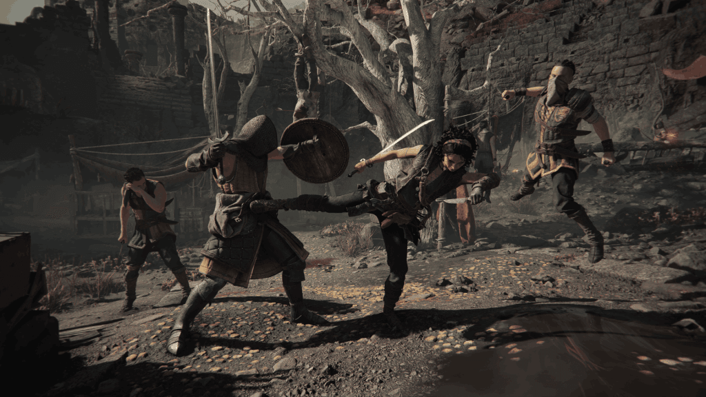 Resonance: A Plague Tale Legacy Review - A screenshot of Sophia, a young woman, fighting bandits in a dark looking camp.