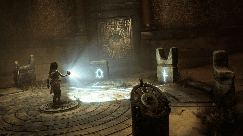 Resonance: A Plague Tale Legacy Review - A screenshot of Sophia, a young woman, solving puzzles in ancient ruins in Crete.