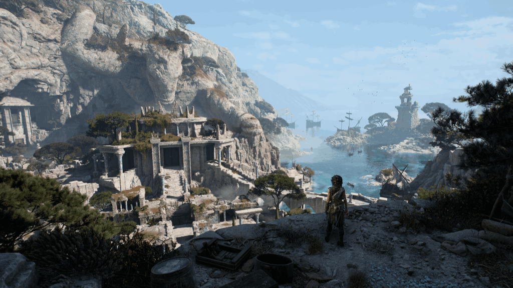 Resonance: A Plague Tale Legacy Review - A screenshot of Sophia, a young woman, standing on an aisle in Crete looking out at ruins and the ocean.