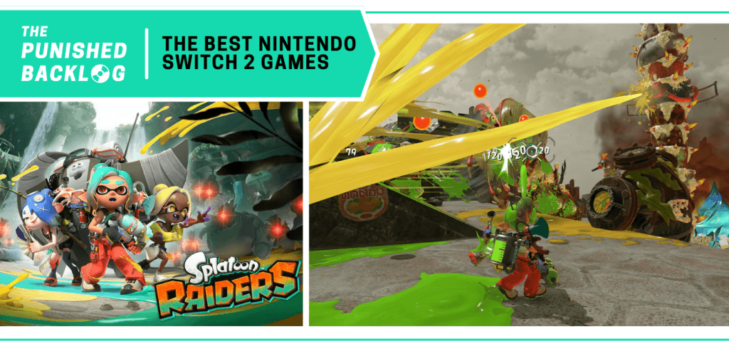 Graphic for our "Best Nintendo Switch 2 Games" list showing a side-by-side of the cover art for Splatoon Raiders with a gameplay screenshot showing the mechanic engaging in combat with a massive, tower-like enemy