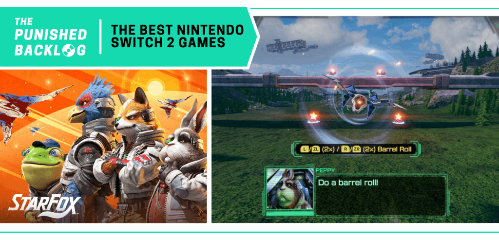 Graphic for our "Best Nintendo Switch 2 Games" list showing a side-by-side of the cover art for Star Fox (2026) with a gameplay screenshot showing Fox doing a barrel roll at Peppy's command