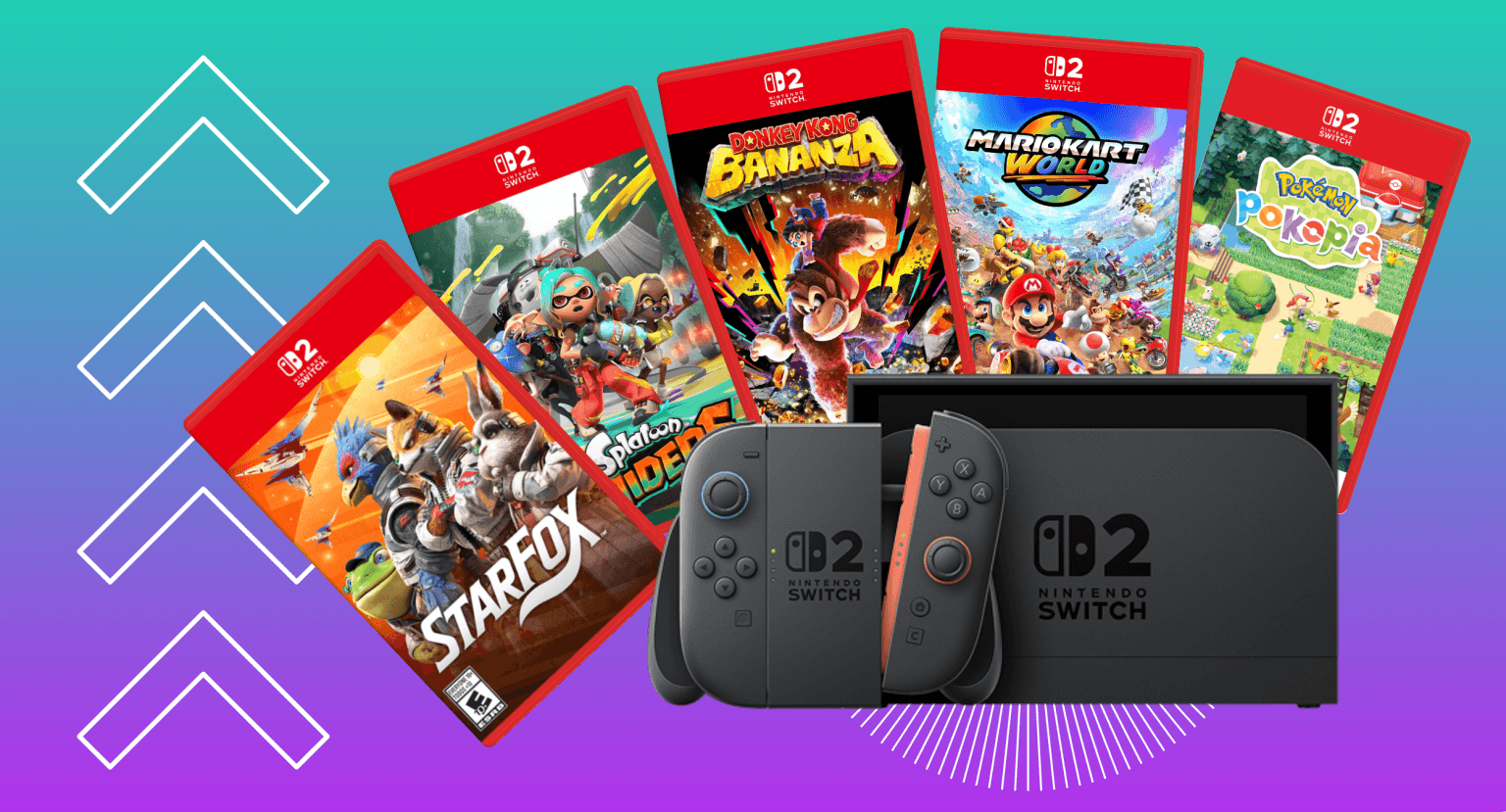 The Best Nintendo Switch 2 Games So Far Photo of a Nintendo Switch 2 console against a teal to purple gradient. Behind the Switch 2 are covers for five of the best Nintendo Switch games to date: Star Fox (2026), Splatoon Raiders, Donkey Kong Bananza, Mario Kart World, and Pokémon Pokopia