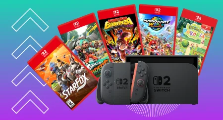 Photo of a Nintendo Switch 2 console against a teal to purple gradient. Behind the Switch 2 are covers for five of the best Nintendo Switch games to date: Star Fox (2026), Splatoon Raiders, Donkey Kong Bananza, Mario Kart World, and Pokémon Pokopia