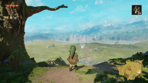 The Legend of Zelda: Ocarina of Time (2026) - screenshot from the upcoming remake of child Link and Navi standing in Hyrule Field, looking toward Castle Town
