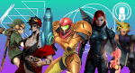 A graphic for The Punished Backlog's Punished Podcast episode about Video Game Main Characters. Famous main video game characters --- from left to right: Link from The Legend of Zelda, Zagreus from Hades, Samus from the Metroid Games, Commander Shepard aka FemShep from Mass Effect, and Cloud Strife from Final Fantasy 7. There is a teal and purple background gradient. There are also white graphic shapes as accents along with a microphone.