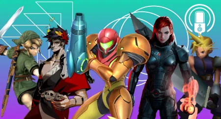 A graphic for The Punished Backlog's Punished Podcast episode about Video Game Main Characters. Famous main video game characters --- from left to right: Link from The Legend of Zelda, Zagreus from Hades, Samus from the Metroid Games, Commander Shepard aka FemShep from Mass Effect, and Cloud Strife from Final Fantasy 7. There is a teal and purple background gradient. There are also white graphic shapes as accents along with a microphone.