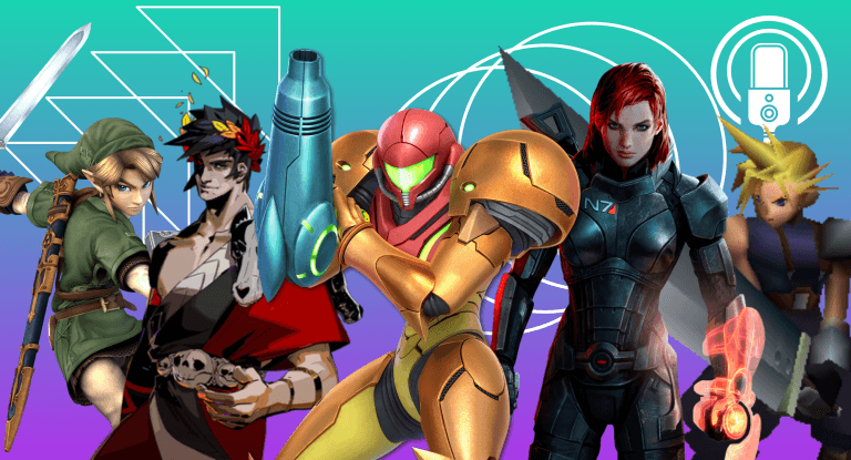The Punished Podcast: Episode 31 – Video Game Main Characters A graphic for The Punished Backlog's Punished Podcast episode about Video Game Main Characters. Famous main video game characters --- from left to right: Link from The Legend of Zelda, Zagreus from Hades, Samus from the Metroid Games, Commander Shepard aka FemShep from Mass Effect, and Cloud Strife from Final Fantasy 7. There is a teal and purple background gradient. There are also white graphic shapes as accents along with a microphone.