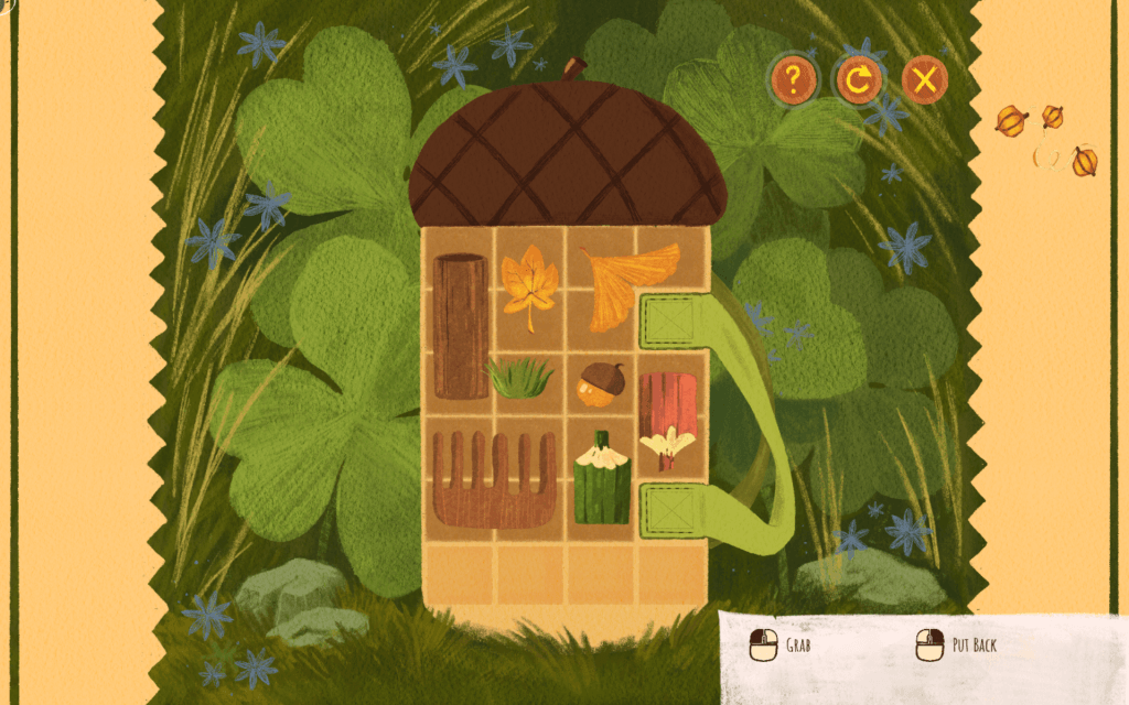 Tukoni: Forest Keepers Review - A screenshot with hand-painted artwork showing an acorn packing puzzle.