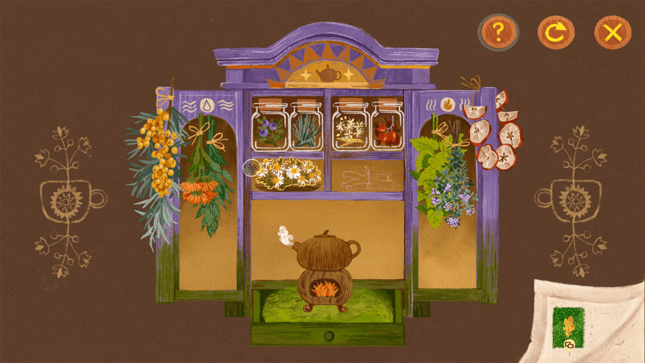 Tukoni: Forest Keepers Review - A screenshot of a tea brewing station with hand-painted artwork and flowers.