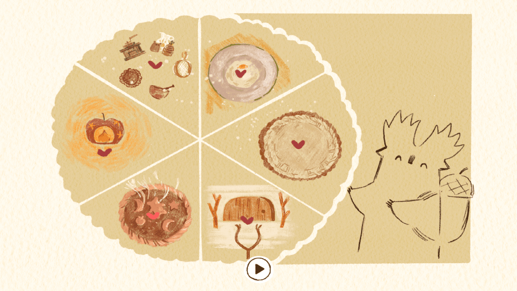 Tukoni: Forest Keepers Review - A screenshot showing a comic-like strip of a Traveller, a cute forest creature, imagining making a pie.