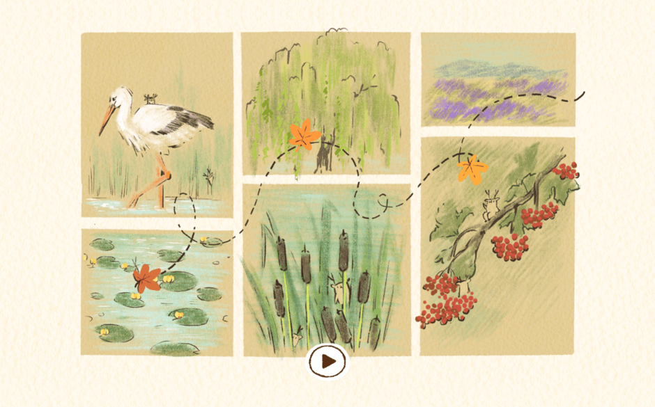 Tukoni: Forest Keepers Review - A screenshot of a comic strip of watercolor painting in the game showing a crane and leaves near a lake.