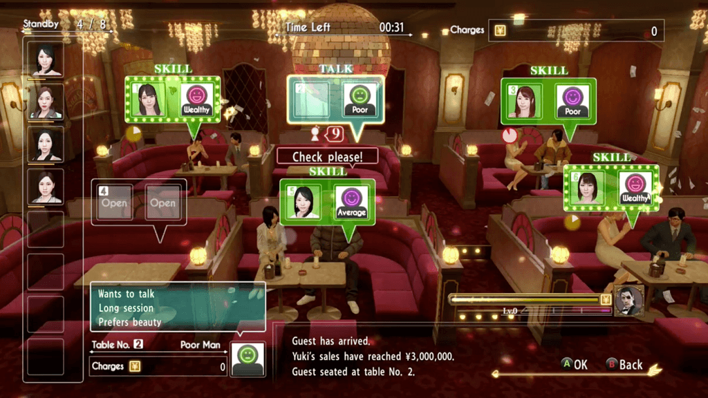 A screenshot of Yakuza 0 showing the Club Management mini-game in Club Sunshine.