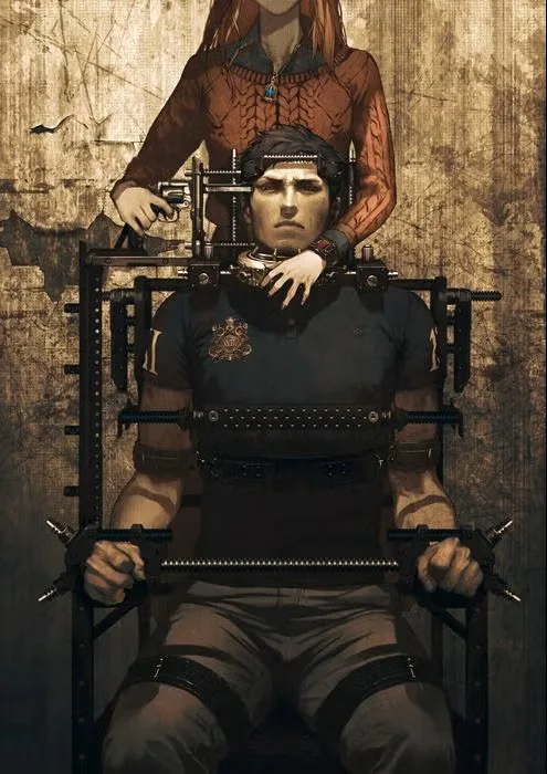 Zero Time Dilemma - promotional art of protagonist Sigma locked into a chair with a young red-haired woman aiming a gun at his temple