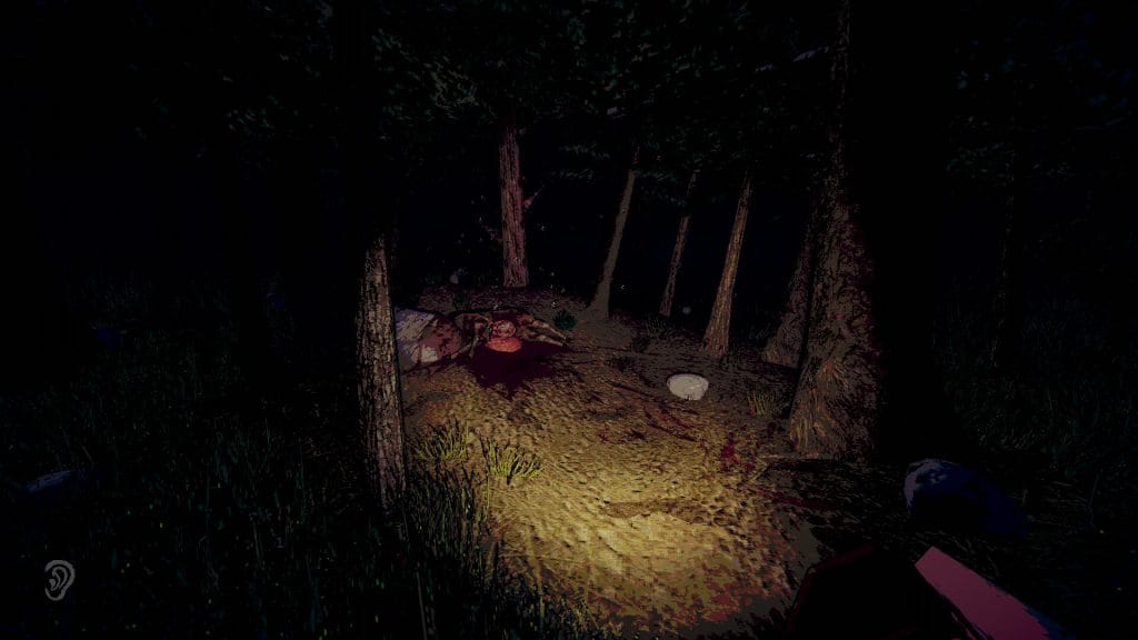 Blue Ridge Hunting: A screenshot of an upcoming indie game by Jade Meadows showing a darkly lit forest and a carcass in the woods.