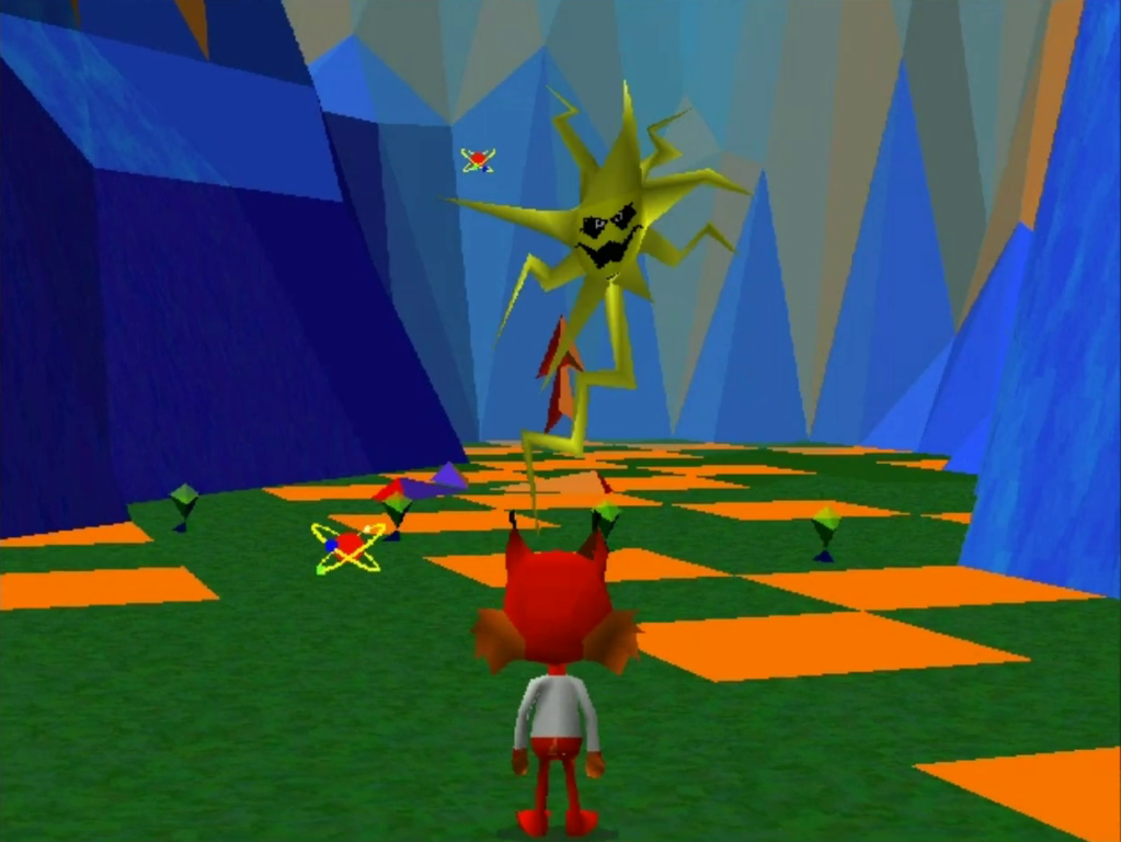 Bubsy 3D - Bubsy staring out at a weird star monster and a bunch of random objects that seem to have little meaning