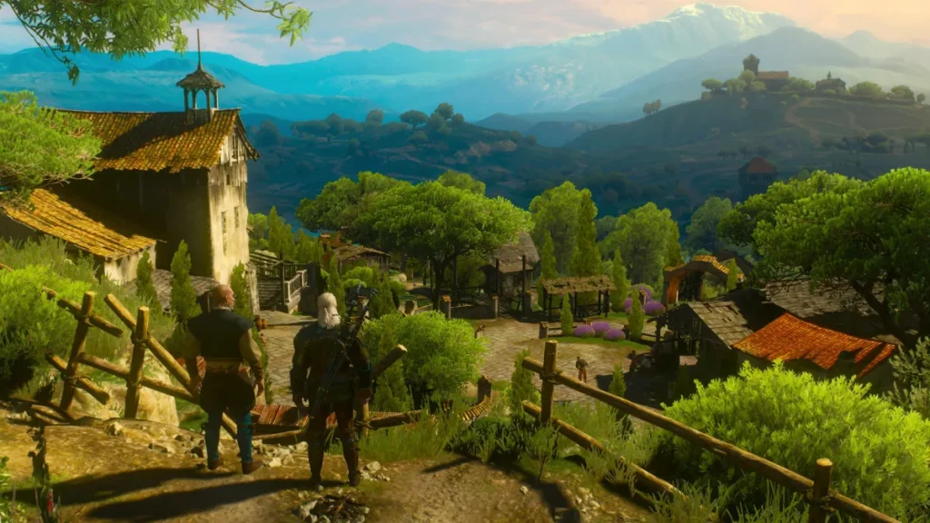 A screenshot of The Witcher 3: Wild Hunt - Blood and Wine expansion as Geralt looks out over Corvo Bianco with Barnabas-Basil on a tour.