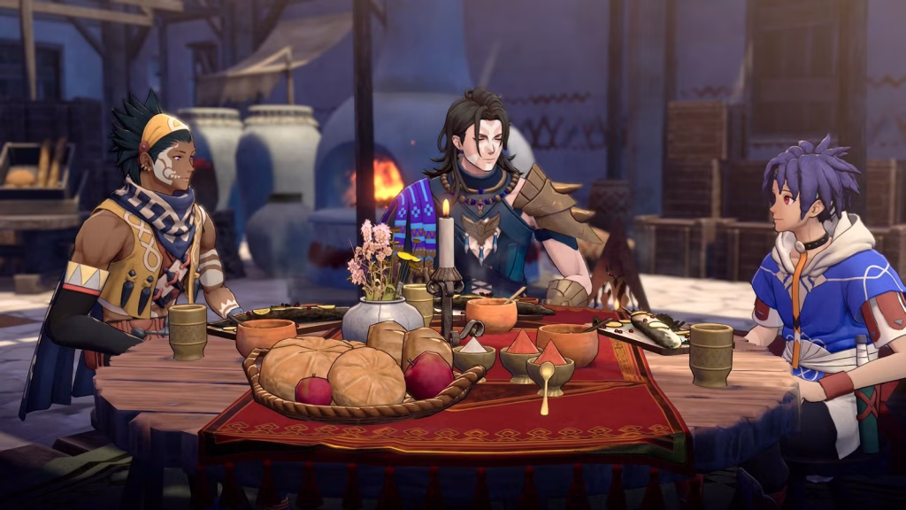Fire Emblem: Fortune's Weave - Cai and two mercenaries enjoying a meal together