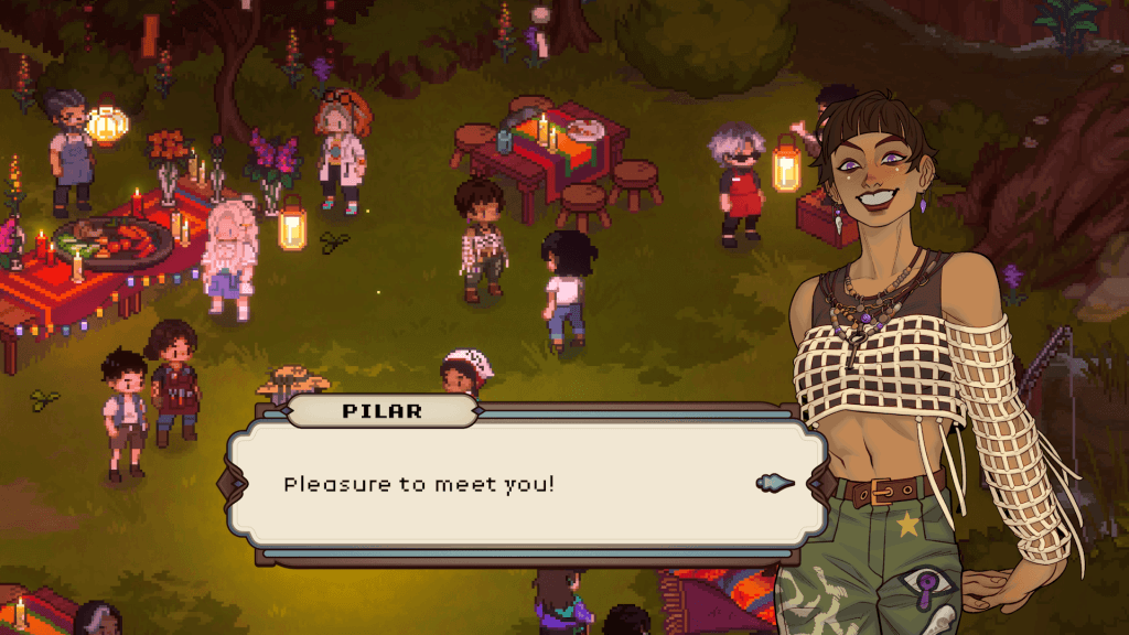 Grave Seasons: A screenshot of an upcoming spooky horror farm game showing a town of sprite characters talking and an attractive character named Pilar saying hello.