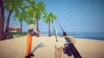 How to Fish - one player in first-person has reeled in a fish with a typical fishing rod while another player dressed in orange and blue points a gun at the fish