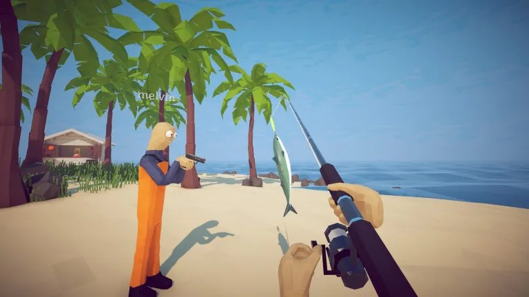 Broslop Made Me Plug My Mic Back In How to Fish - one player in first-person has reeled in a fish with a typical fishing rod while another player dressed in orange and blue points a gun at the fish