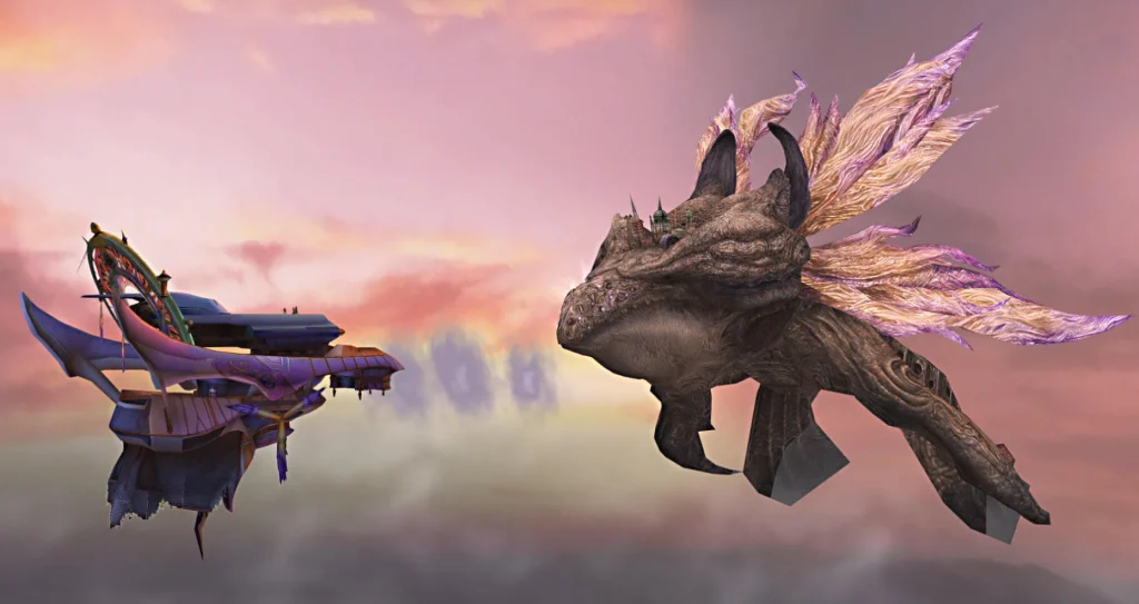 Final Fantasy X - the Fahrenheit ship in the sky facing off against the giant monster Sin