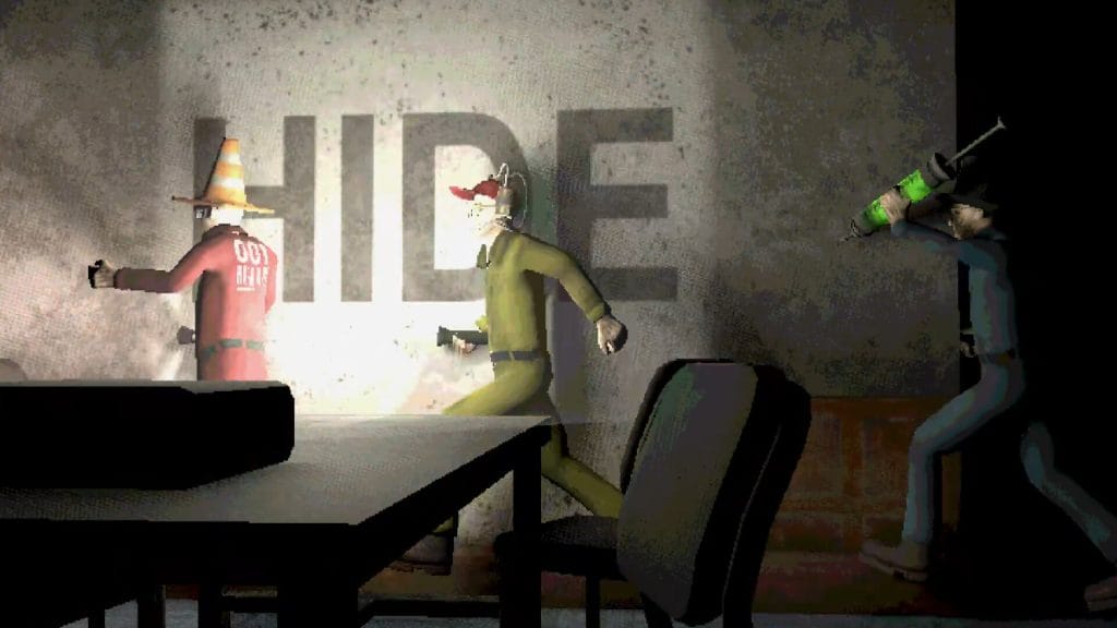Machine Party - a player with a giant syringe chases two other players in a dark room with the word "HIDE" printed on a dimly-lit wall