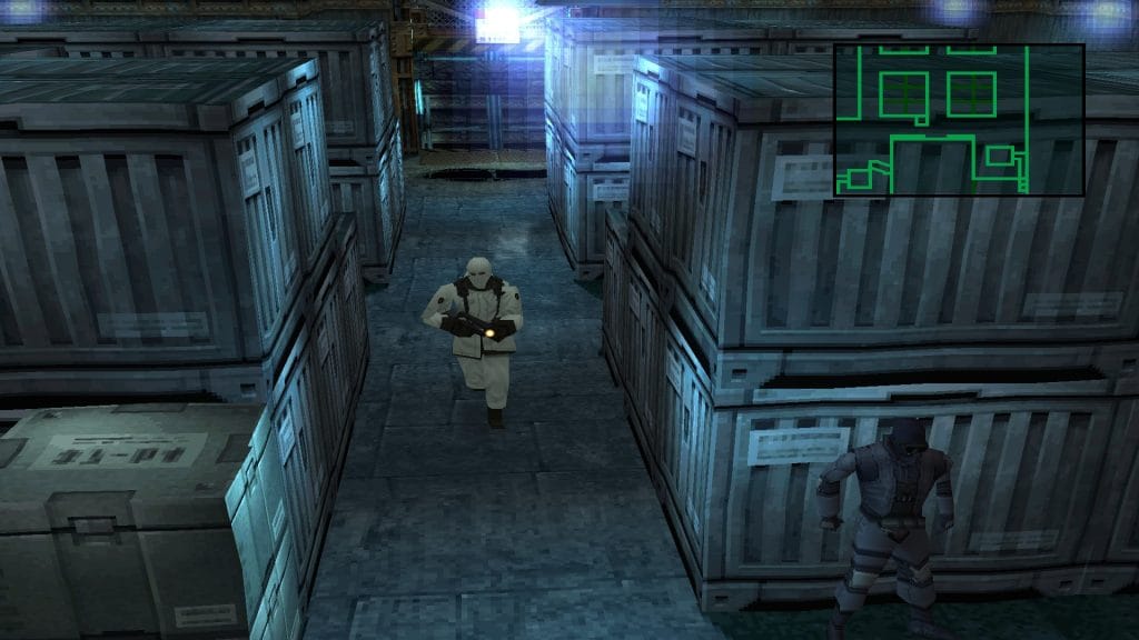 Metal Gear Solid - Snake hiding behind a wall as an armed soldier approaches