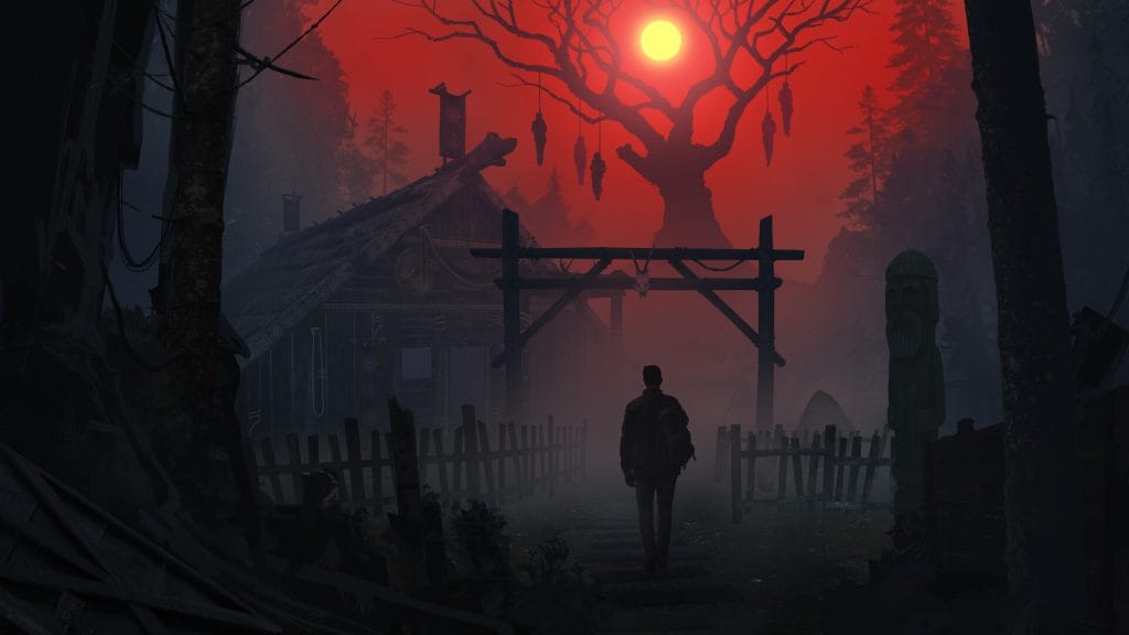 Nowhere: A screenshot from the upcoming horror indie game by Midnight Forge LTD. The screenshot shows a man walking towards a darkly lit town with bodies hanging from trees under a red sky.