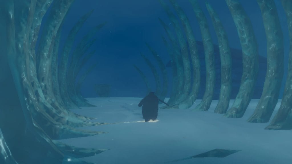 Penguin Colony: A screenshot of an upcoming cosmic horror indie game by Origame game showing a penguin walking through a skeleton of a large deceased animal.