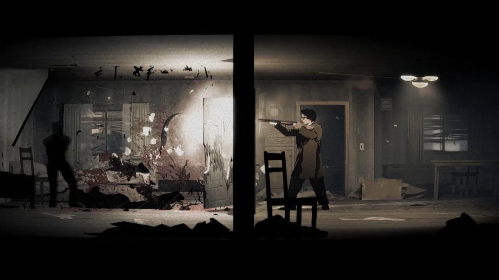 Silver Pines: A screenshot of an upcoming indie horror game by Wych Elm. The screenshot shows a 2D detective shooting at a shadow with blood spurting in a room.