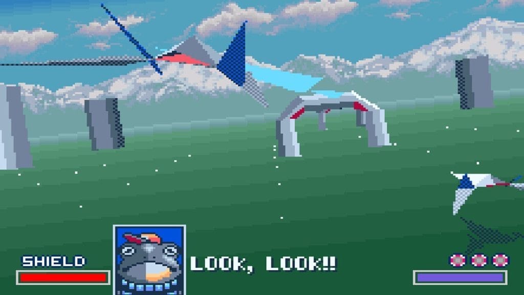 Star Fox (SNES) - gameplay of an Arwing in the first level of Corneria, with a message from Slippy Toad saying, "Look, Look!!"