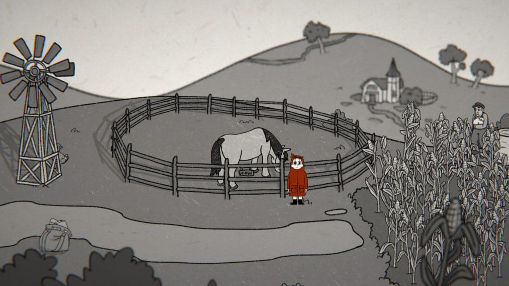 Tom the Postgirl: A screenshot of an upcoming horror indie game of a girl in a red coat standing in a black-and-white farm area.